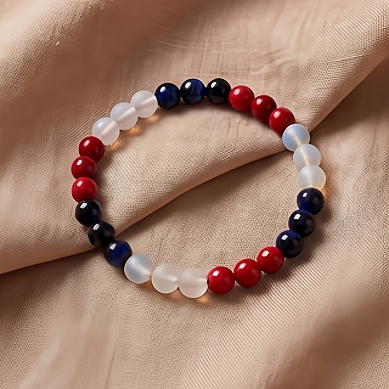 2pc Red Blue White Elastic Cord Bead Bracelets, Bohemian Style